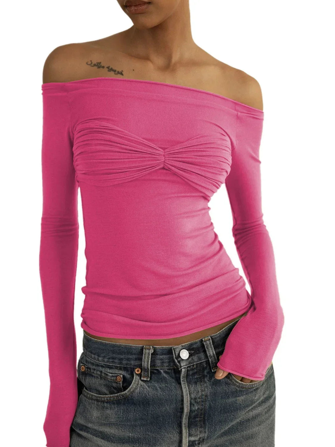 jinran Women Sheer Mesh Crop Top Twist See-Through Mesh Knit Copped Shirt Tops Bustier Off-Shoulder Long Sleeve Summer Hot Tops