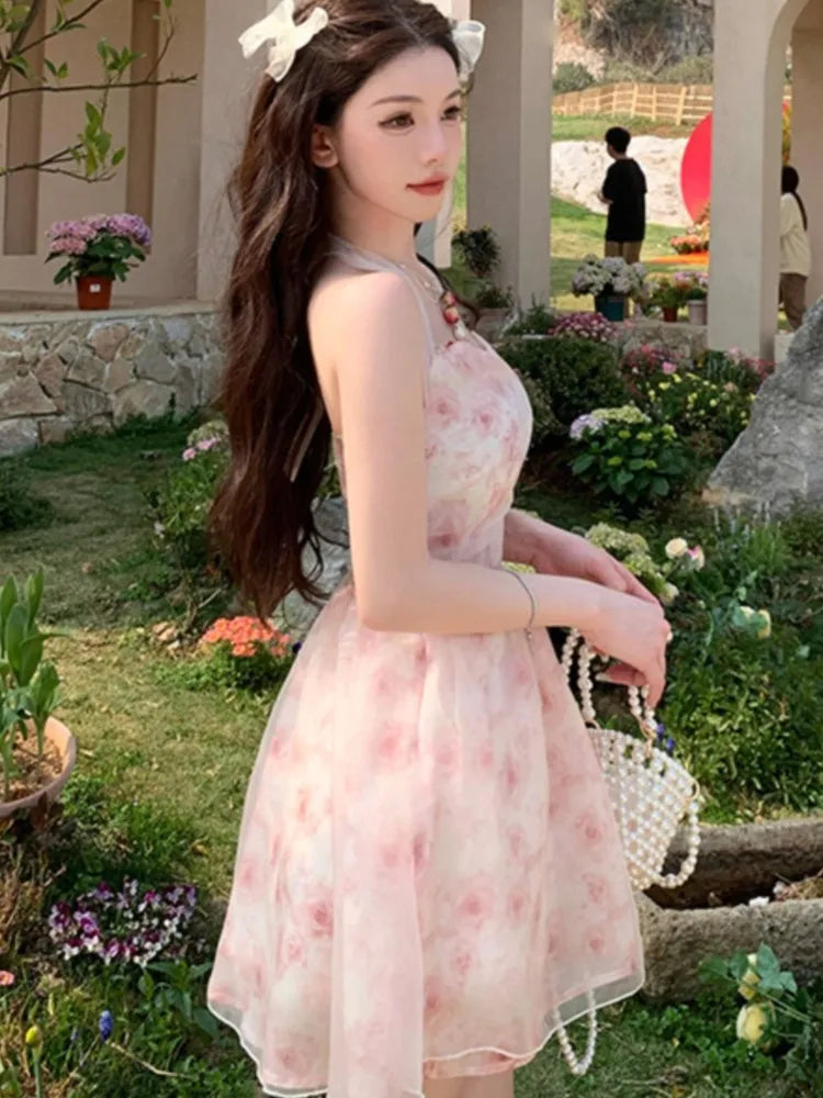 jinran Y2K Elegant Print Halter Dresses for Women Sweet Pink Casual Print Chiffon Sleeveless Party Dress Fairy Princess Vestido Mujer