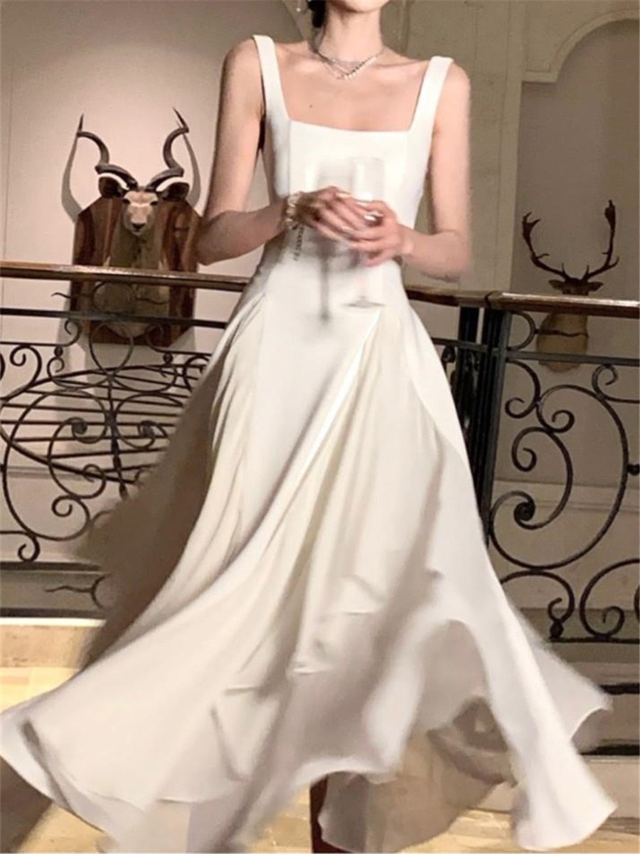 jinran Ruffles Midi Dresses Summer New Women French Elegant Square Neck Evening Party White Vestidos Fashion Princess Birthday Clothes