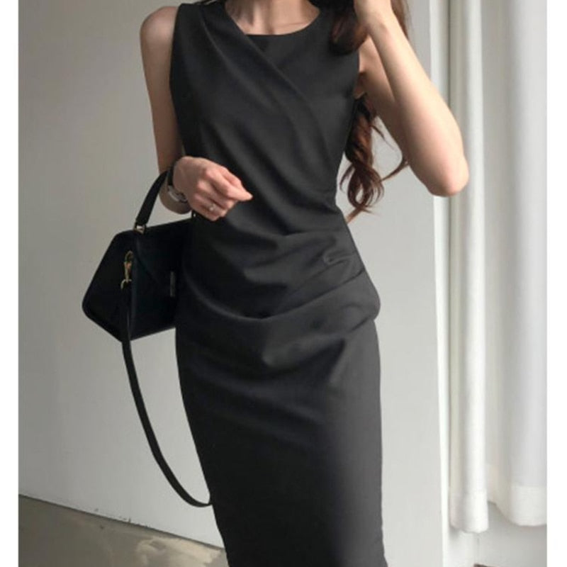 jinran Elegant Women Office Dress New Summer Sleeveless Bodycon Dresses Retro Women Midi Solid Black Long Robe Vestidos Mujer