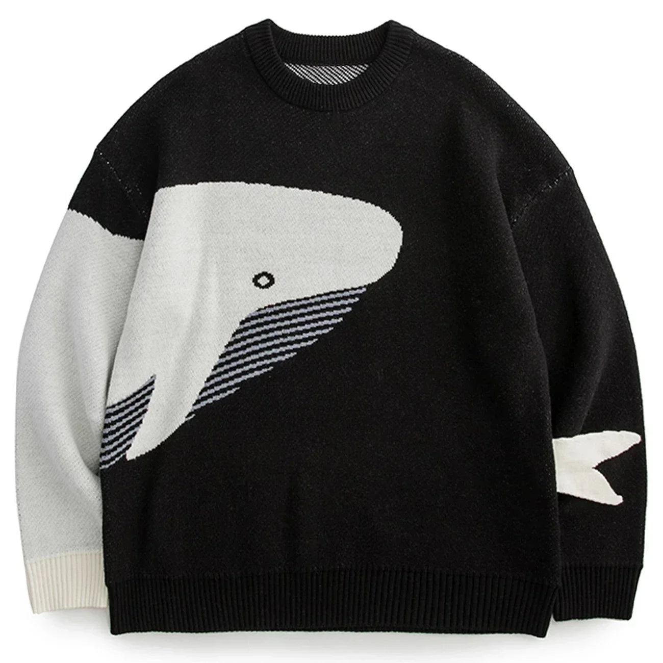 Men Harajuku Knitted Sweater Whale Cartoon Print Pullover Japanese College O-Neck Sweaters Oversized Couple Top Autumn Winter