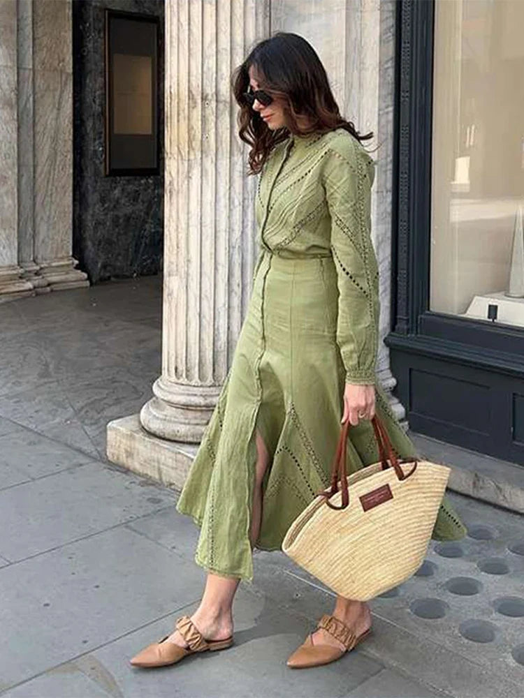 nvxiot - Hollow Out Loose Women Shirts Ruffles Front Split Skirt Casual Long Sleeve Cardigan Blouses Elegant Female Streetwear Skirt