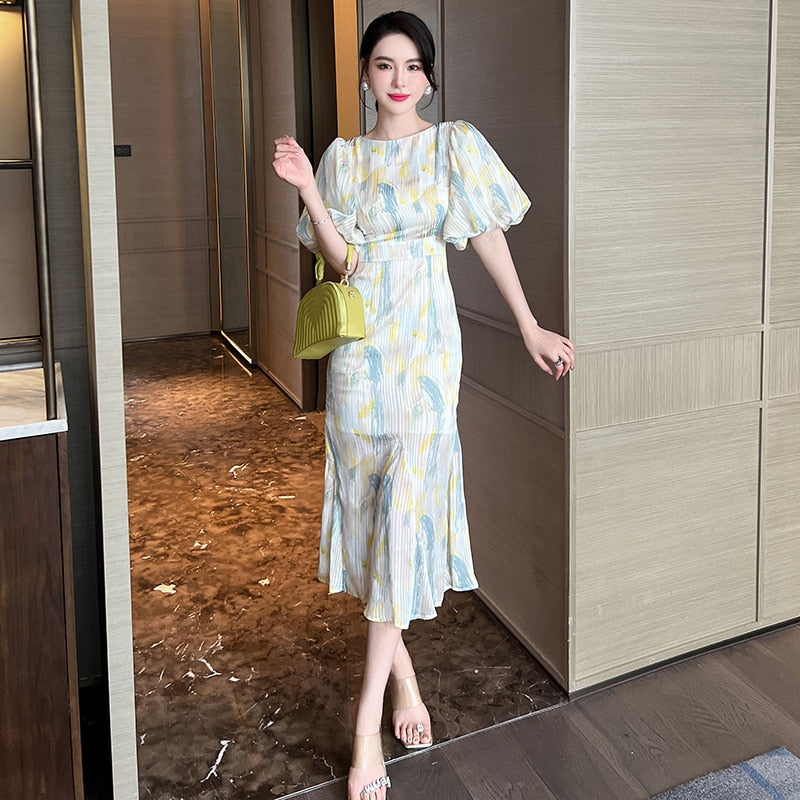jinran Summer Women Vintage Dress Round Neck Puff Sleeve Printed Sexy Long Mermaid High Waist Midi Dress Elegant Retro French Dress