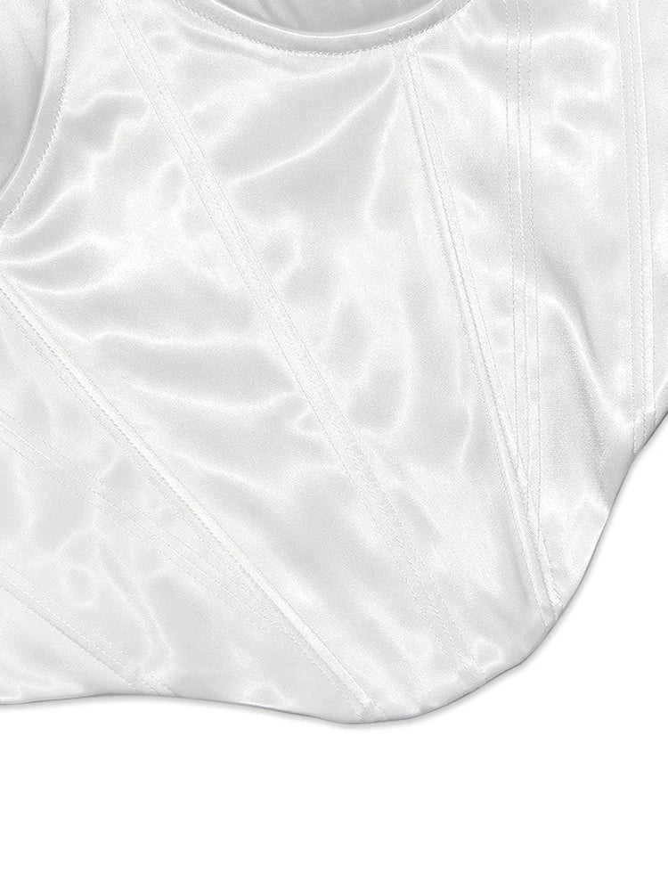 jinran Thick Satin Bustier Corset Crop Top with Chest Pads Spaghetti Strap White Bodycon Top Summer Women Tops with Fishbone