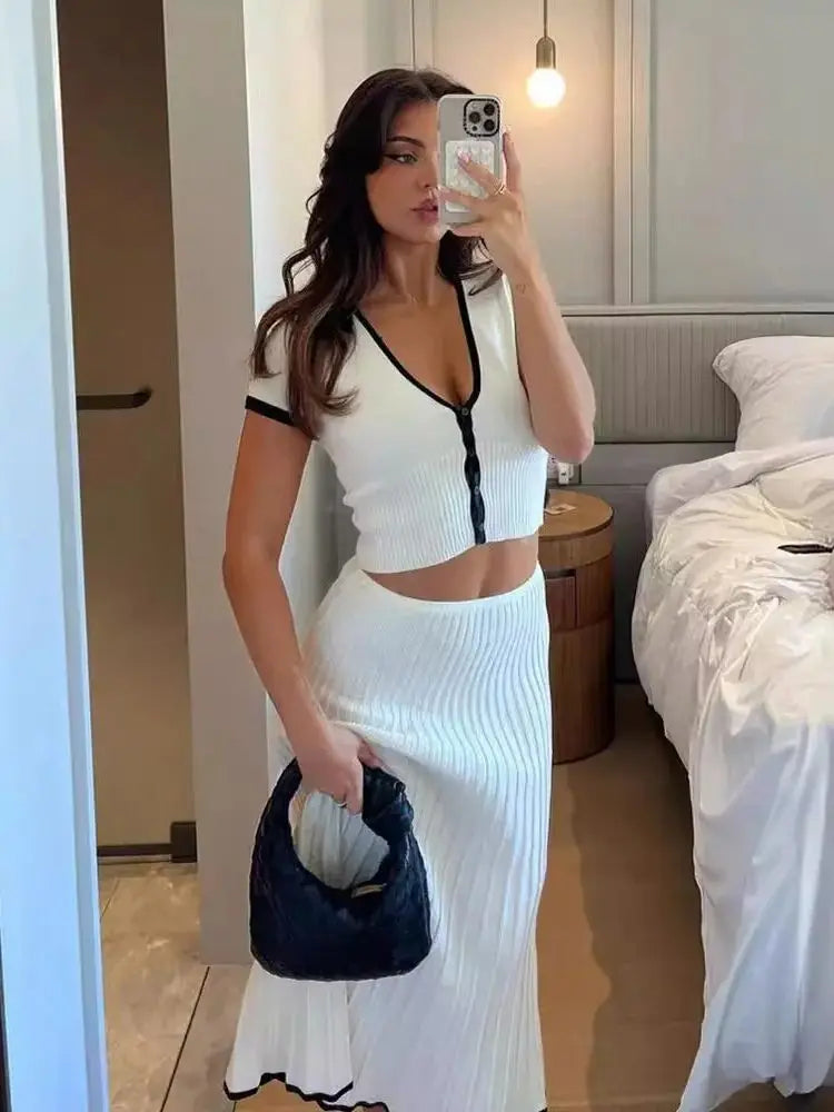 jinran New Summer Knit Patchwork 2 Pieces Sets Women Crop Top Long A-line Skirts Matching Suit Knitwear Slim Fit Pleated Skirt Outfits