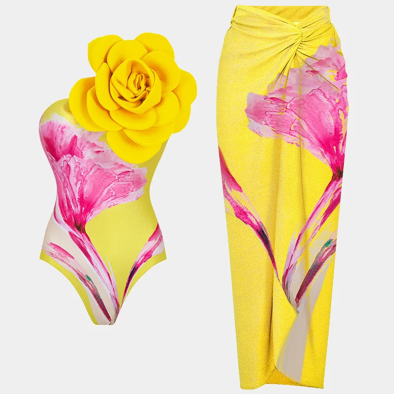 jinran 2024 New 3D Flower One Shoulder One Piece Swimsuit For Women Swimwear with Skirt Bathing Suit Monokini Beach Bodysuit Beach Wear