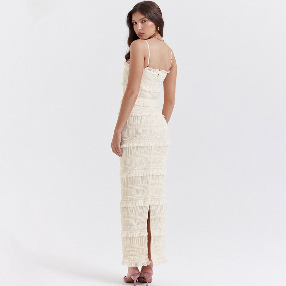 jinran Mingmingxi Luxury Gathered Maxi Formal Occasion Dresses Beige Spaghetti Strap Wedding Party Dresses Summer Prom Dress