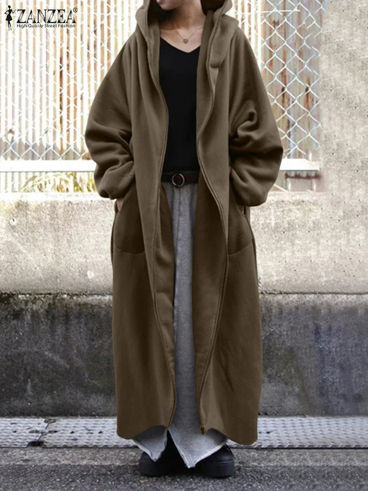 jinran 2024 Winter Fleece Outwear Autumn Hooded Long Coat Women Zipper Hoodies Long Sleeve Jackets Sweatshirt Robe Oversized