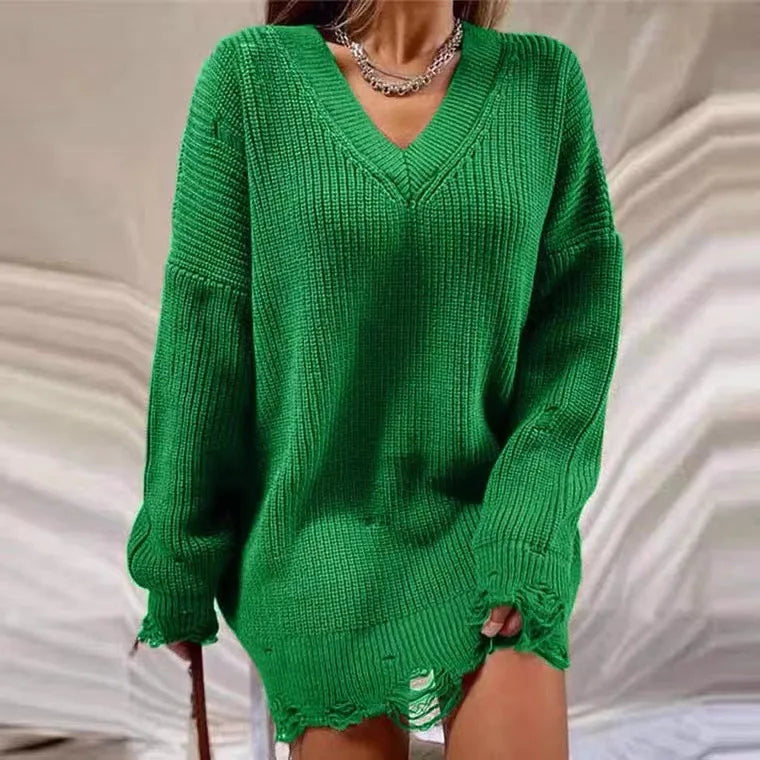 jinran Women Ripped Hole Knit Dress Autumn Winter Long Sleeve Mini Sweater Dresses Casual Loose Oversize Knitted Short Dresses