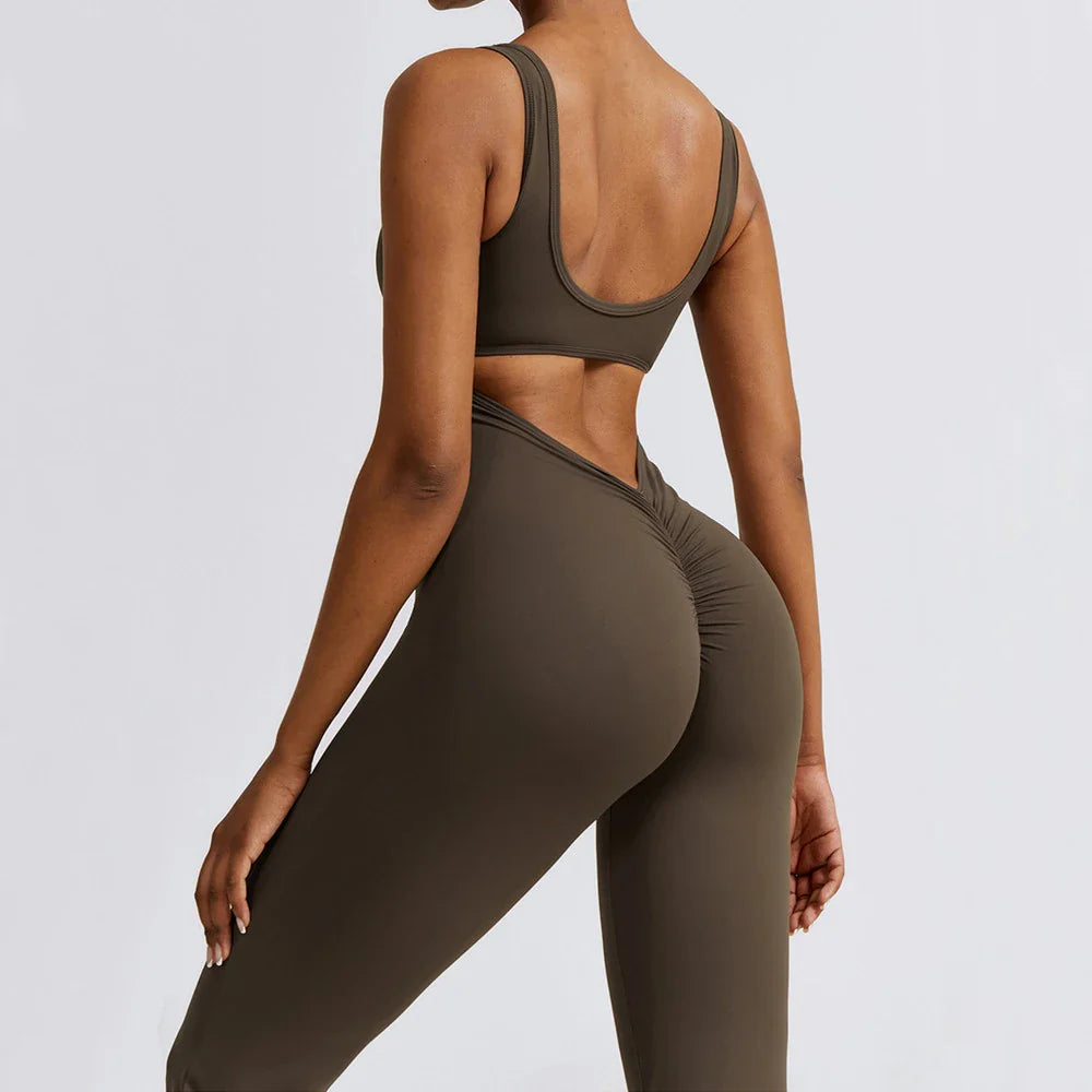 jinran 2024 S-XL Pad Women Gym Yoga Set Sports Rompers Deep V Back Fitness Workout Pant Flare Leggings One Piece Jumpsuit Active Wear