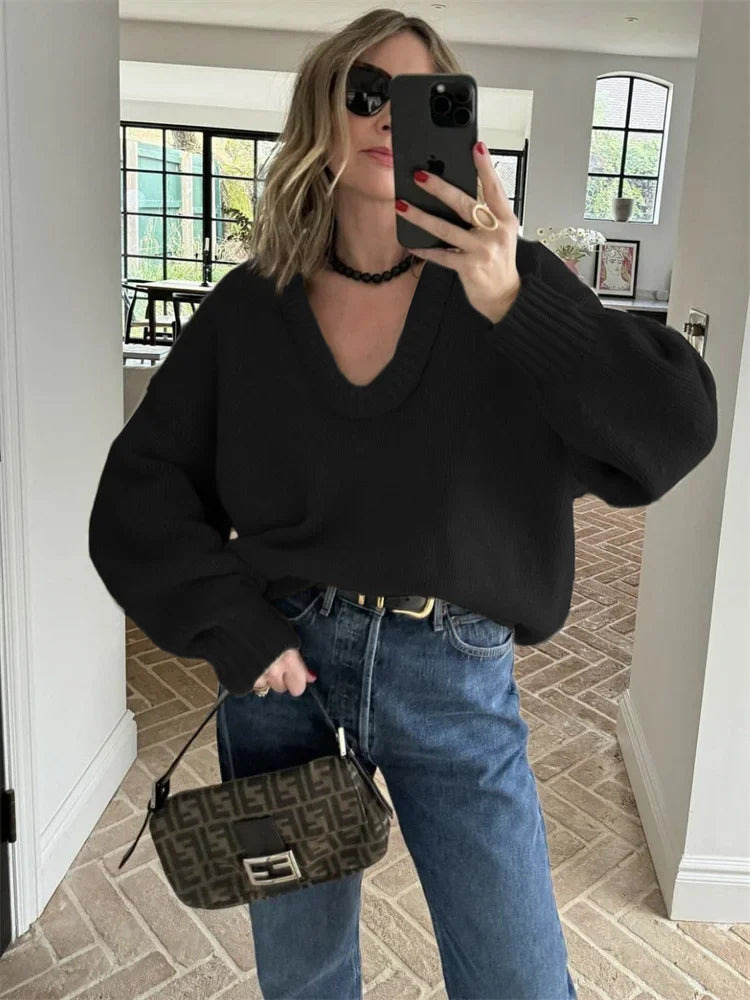 nvxiot - Autumn Knit Sweater Pullover Loose Female Casual Patchwork Scoop Neck Striped Long Sleeve Knitwear Women Y2k Top Pullover