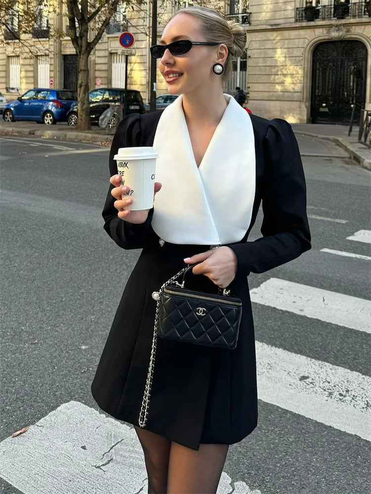 nvxiot - Autumn Fashion Elegant Mini Dress For Women Patchwork Slim Long Sleeve V-Neck High Waist Commute Female Party Dress 2024
