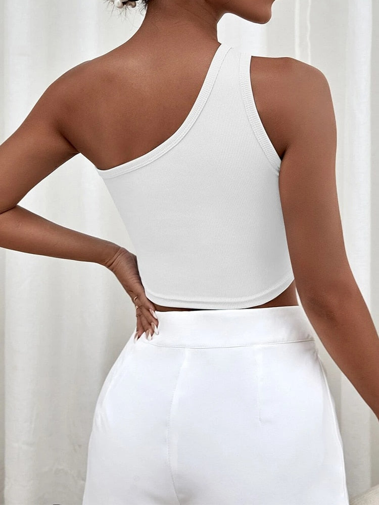 jinran Sexy Solid Cut Out One Shoulder Rib Knit Crop Top Women Summer Club High Street Style Backless Tank Top Y2K Clothes 2023