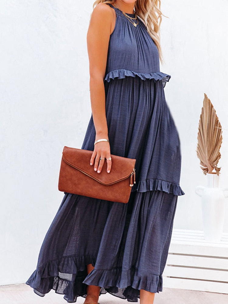 jinran Ruffles Navy Blue A-line Loose Casual Maxi Long Summer Women Dress Halter Sleeveless Robe Party Vestidos