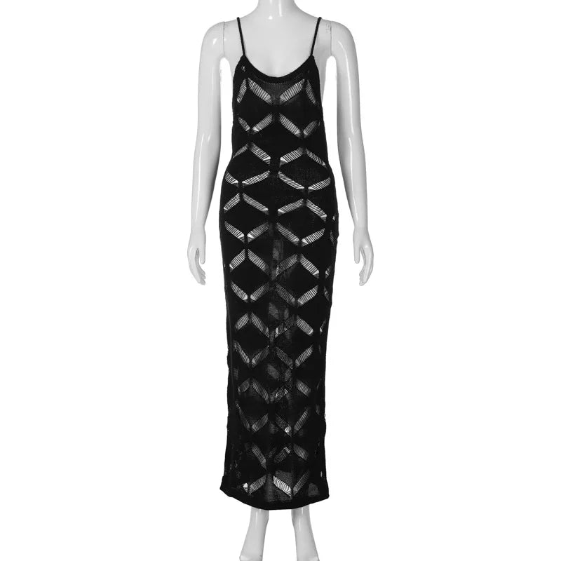 jinran Hollow Out Sexy Maxi Dress For Women Summer New Spaghetti Strap Sleeveless Backless Bodycon Long Dress Elegant