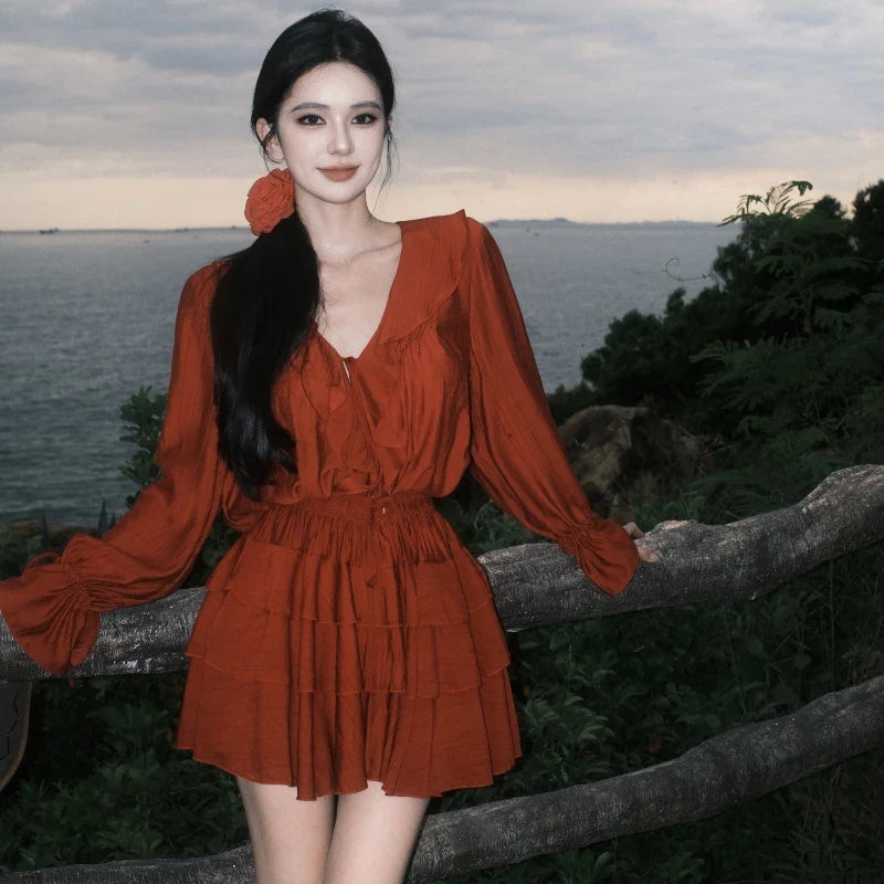 nvxiot - Autumn Set Women 2024 New Two-piece Suit Red V Neck Long Sleeve Ruffles Lace-up Blouses And High Waist Pleated Half Short Skirts