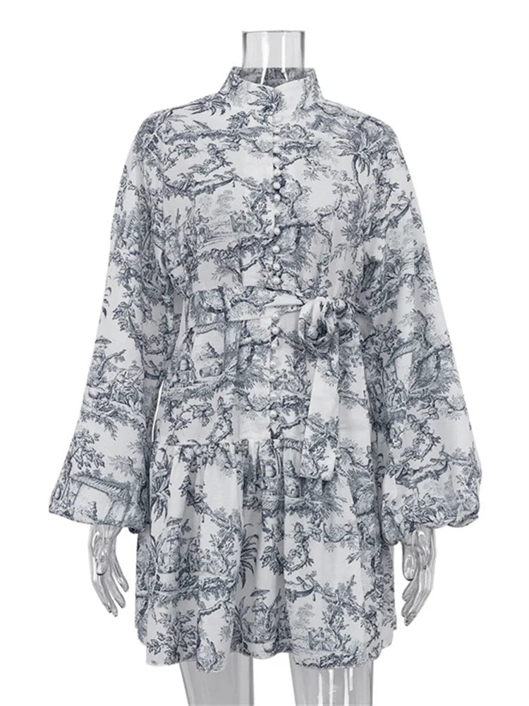 jinran Vintage Printed Lace-Up Mini Dress For Women Fashion Ruffled Pleated Dress Bandage Long Sleeve High Street Women's Dress