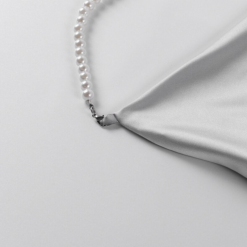 jinran Silk Strap Mini Dresses Backless Solid Color Criss Front Pearl Sexy Summer Sexy Party Sleeveless Dresses Clubwear 2021