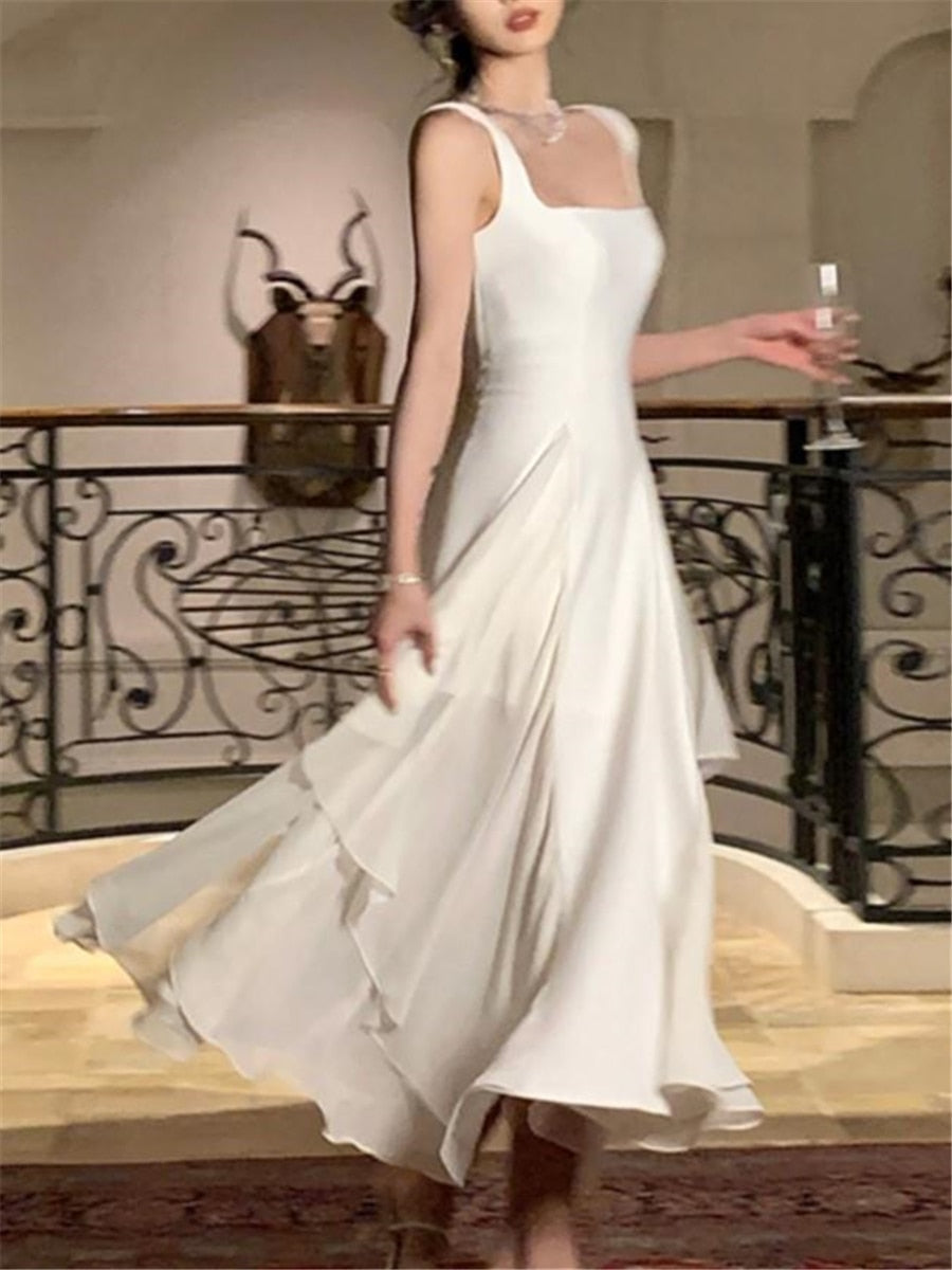 jinran Ruffles Midi Dresses Summer New Women French Elegant Square Neck Evening Party White Vestidos Fashion Princess Birthday Clothes