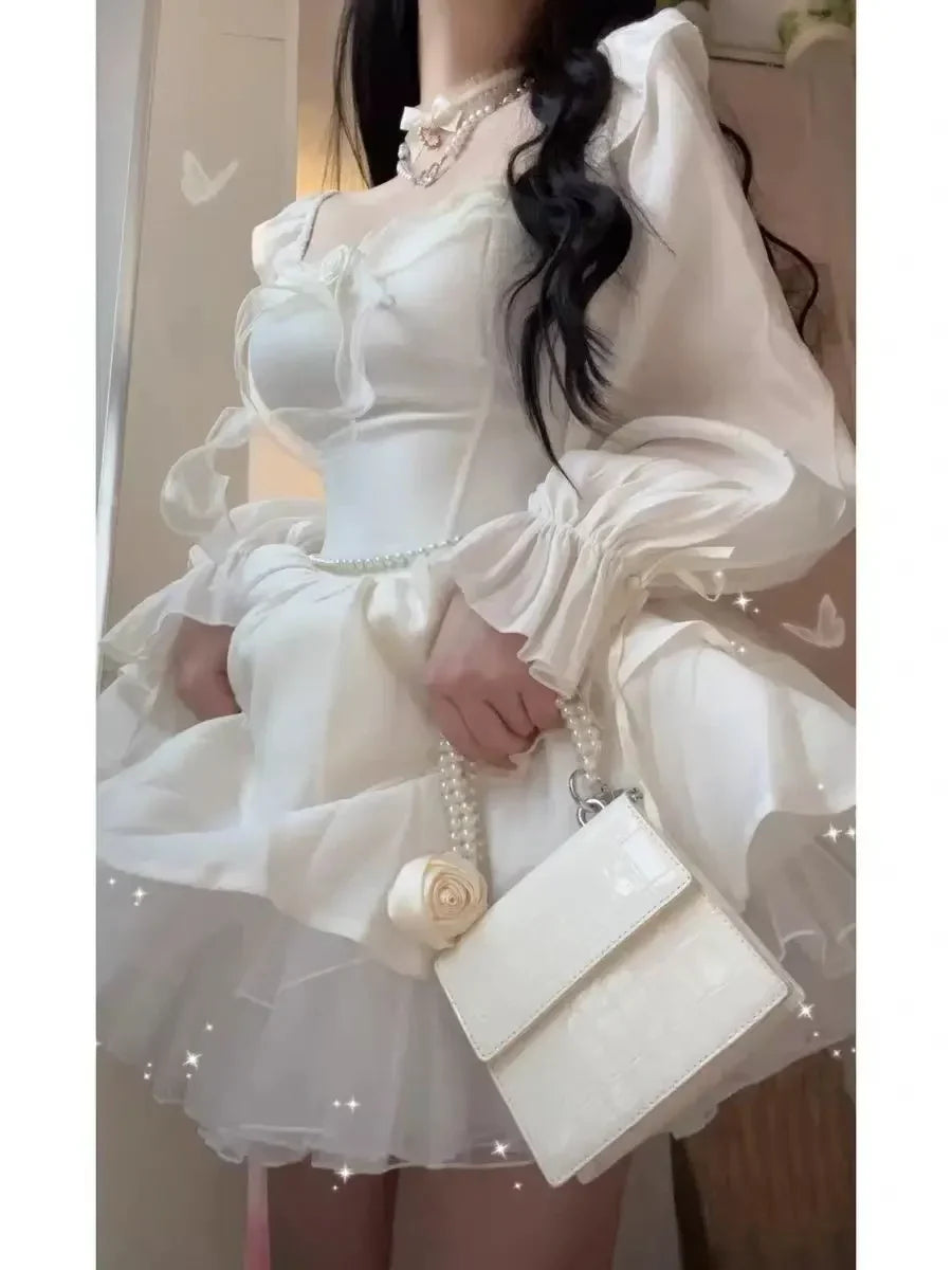 jinran Winter Solid Fairy Kawaii Long Sleeve Dress Women Korean Designer Lolita Mini Dress New Female Casual Fashion One Piece Dress