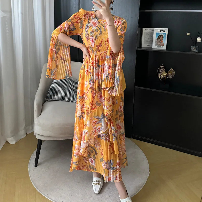 jinran 2024 Summer New Women's Printed Irregular Hem Splicing Dress Bohemian Style Fashion Holiday Leisure Pleated Dress