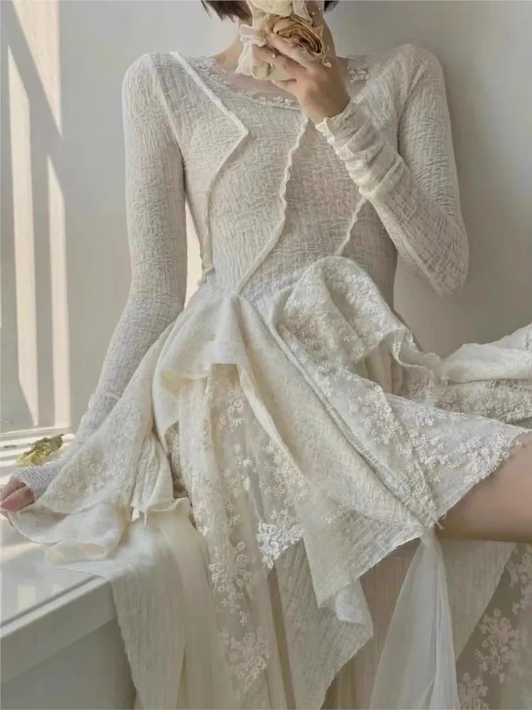 jinran - French Elegant Women's Vintage Dress 2022 Autumn Winter New Irregular Lace Splicing Evening Long Bridesmaid Party Dress