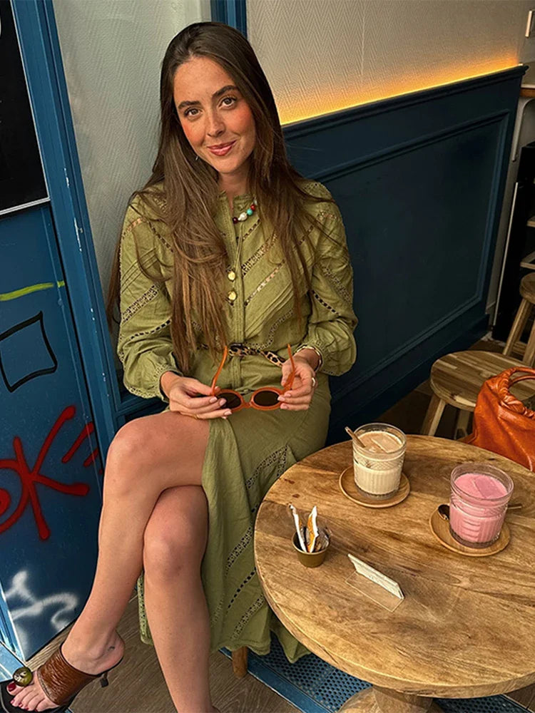 nvxiot - Hollow Out Loose Women Shirts Ruffles Front Split Skirt Casual Long Sleeve Cardigan Blouses Elegant Female Streetwear Skirt