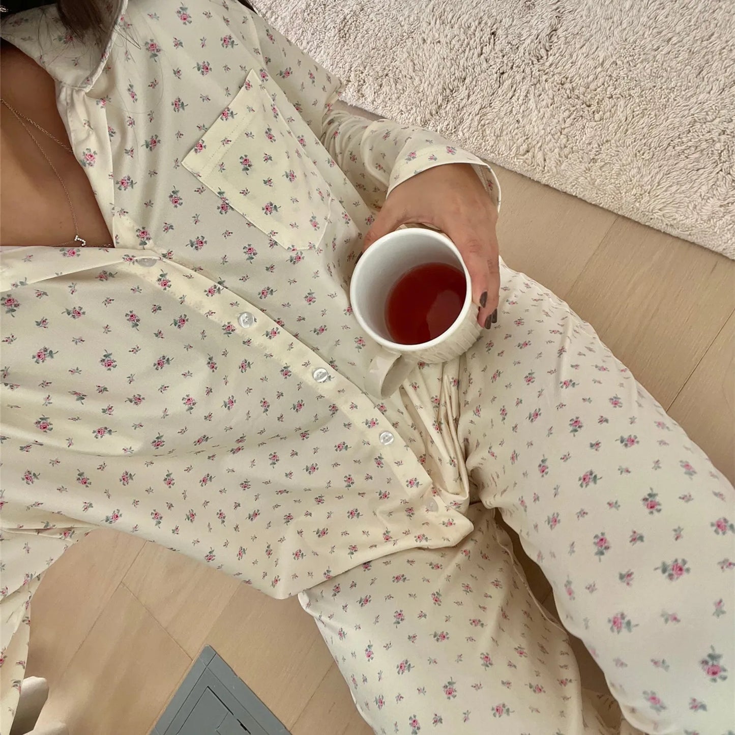 nvxiot - Women Pajamas Cute 2 Piece Set Y2K Vintage Print Button Up Long Sleeve Blouse T-shirt Tops+Pants Home Loungewear Sleepwear