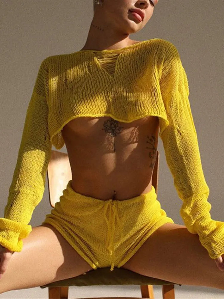 jinran Sexy Beach Crop Top Shorts Sets Women Knit Long Sleeve Lace Up Female Suit 2023 Summer Holiday See Through 2 Piece Set Womens