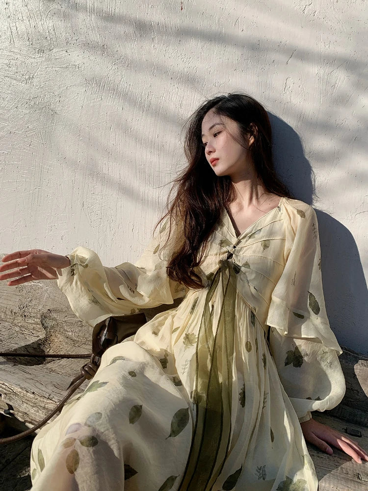 jinran French Vintage Floral Fairy Dress Women Casual Elegant Beach Style Party Dress Chiffon One Piece Dress Korean Women Summer