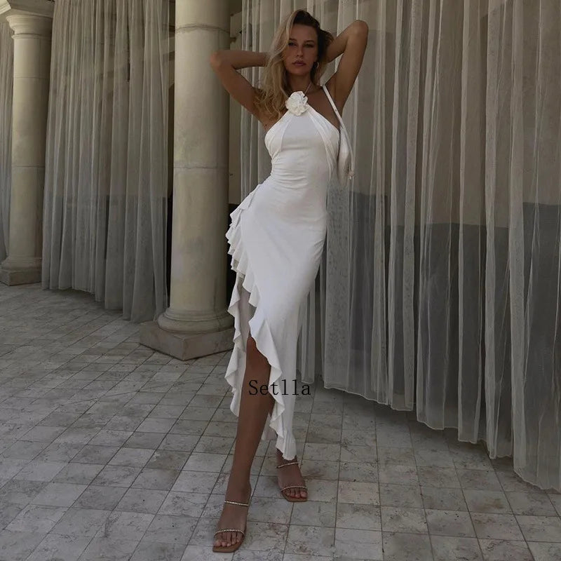 jinran Floral Applique Elegant Halter Slit Long Dresses Outfits for Women Club Party Summer Ruffle White Dresses Vestido Sexy Dress