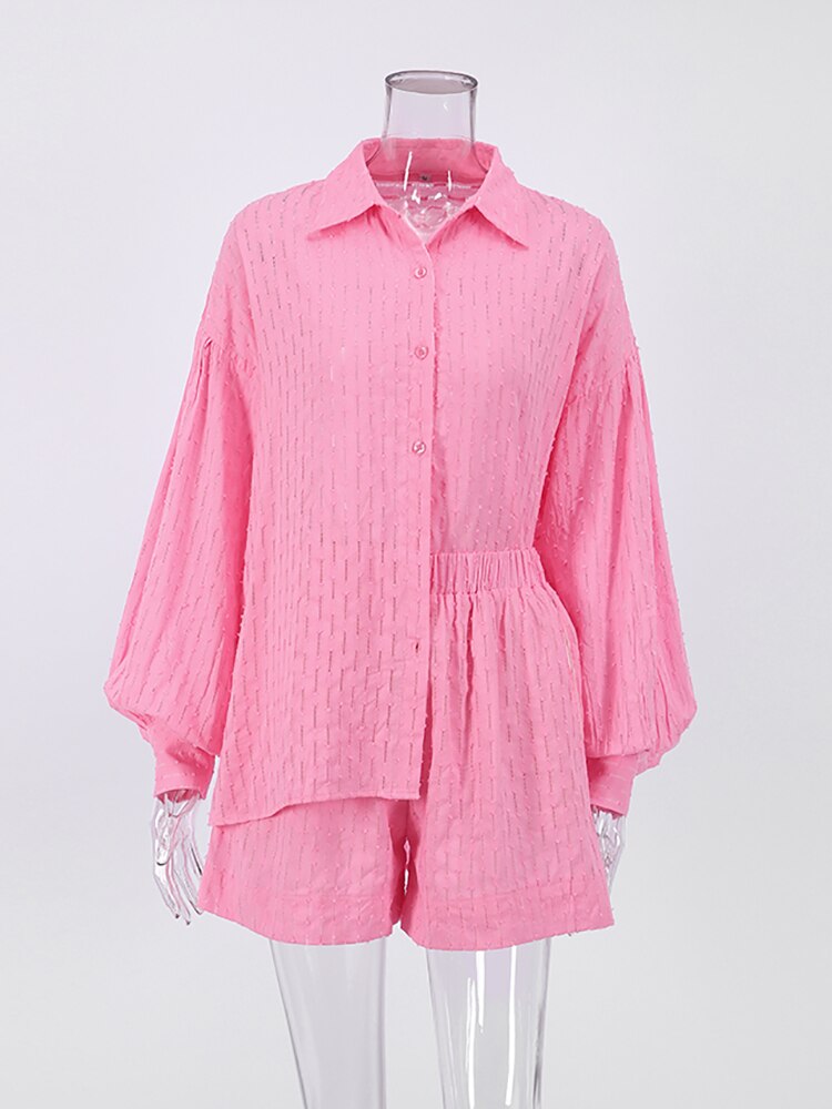 jinran White Elegant Jacquard Fabric Soft Vacation Suits Women Long Sleeves Shirts And Hot Pants Two Pieces Outfits Summer