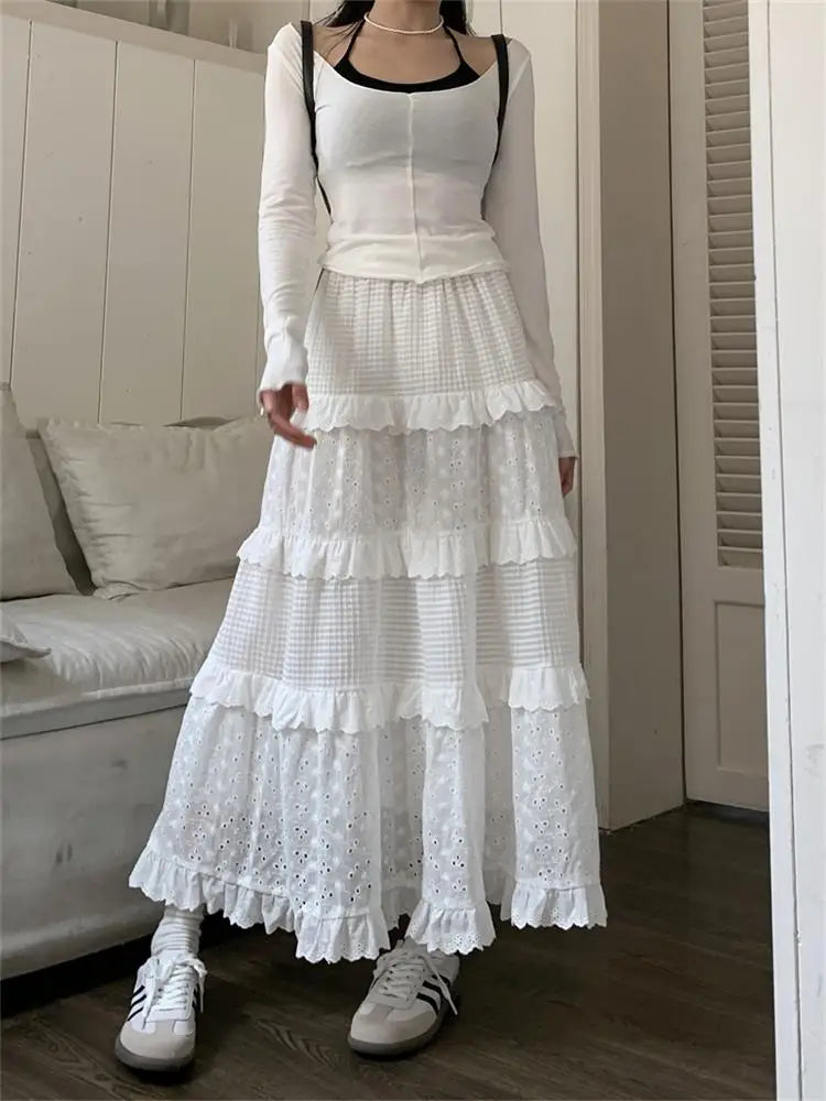 jinran High quality White Cute Skirts for Women Summer High Waisted A-line Skirt Long Skirt Hook Flower