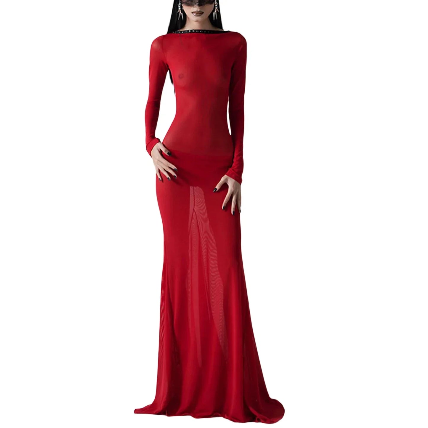 jinran Women See Through Bodycon Long Dress Long Sleeve Mesh Sheer Maxi Dress Cross Tie Up Backless Club Party Dress Maxi Dress