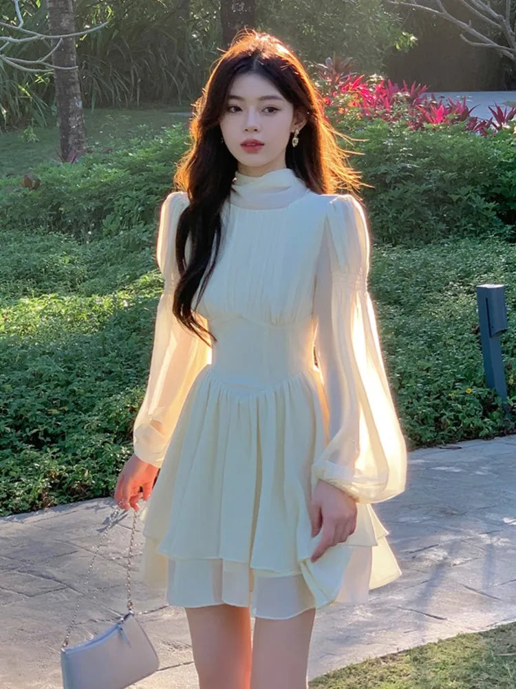jinran French Elegant Slim Ruffle Dress Summer Women Graduation Evening Party Robe Female Bubble Sleeve Korean Chiffon Vestidos