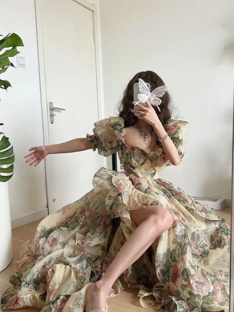 jinran Floral Print Evening Party Dress Women 2024 Puff Sleeve Elegant Princess Long Dres Ladies France Vintage Open Fork Dress Summer