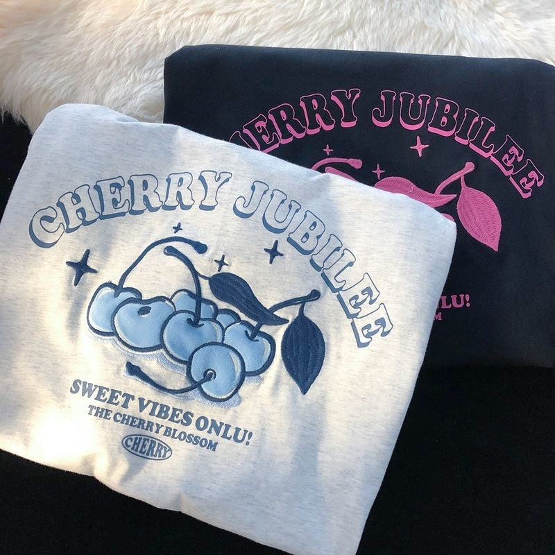 jinran Summer Chic Cherry Cute Print T Shirts Ins Streetwear Kawaii Clothes Korean Trend Short Sleeve Large 2XL Tees Tops Harajuku