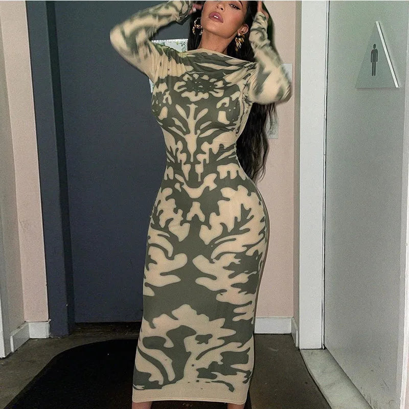 jinran Long Sleeve Backless Sexy Camouflage Dress Summer Women Fashion Streetwear Outfit Print Club Clothing