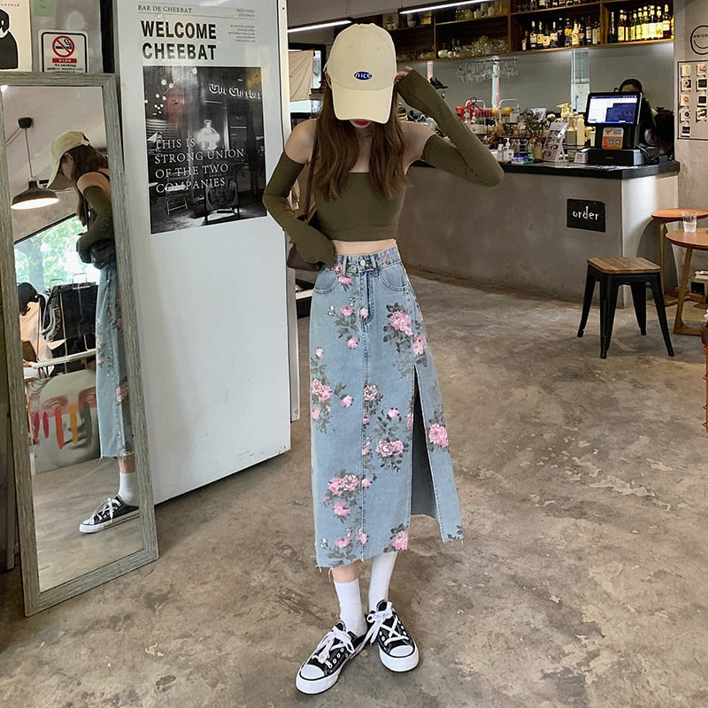 jinran Spring And Summer Trendy Flower Split Denim Skirt Women's 5XL Slightly Fat MM Thin Bag Hip Mid-length A-line Skirt