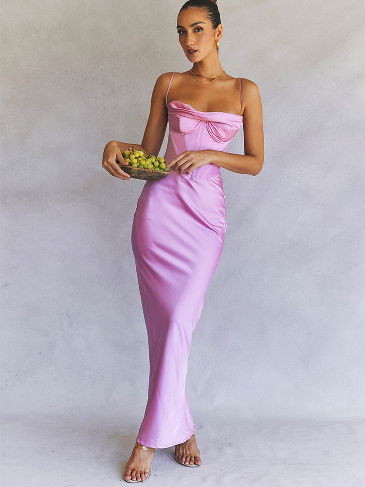 jinran Summer Satin Maxi Bodycon Dress Sexy Event Night Wedding Guest Dress Women Corset Party Dresses Pink Slit Dress High Quality