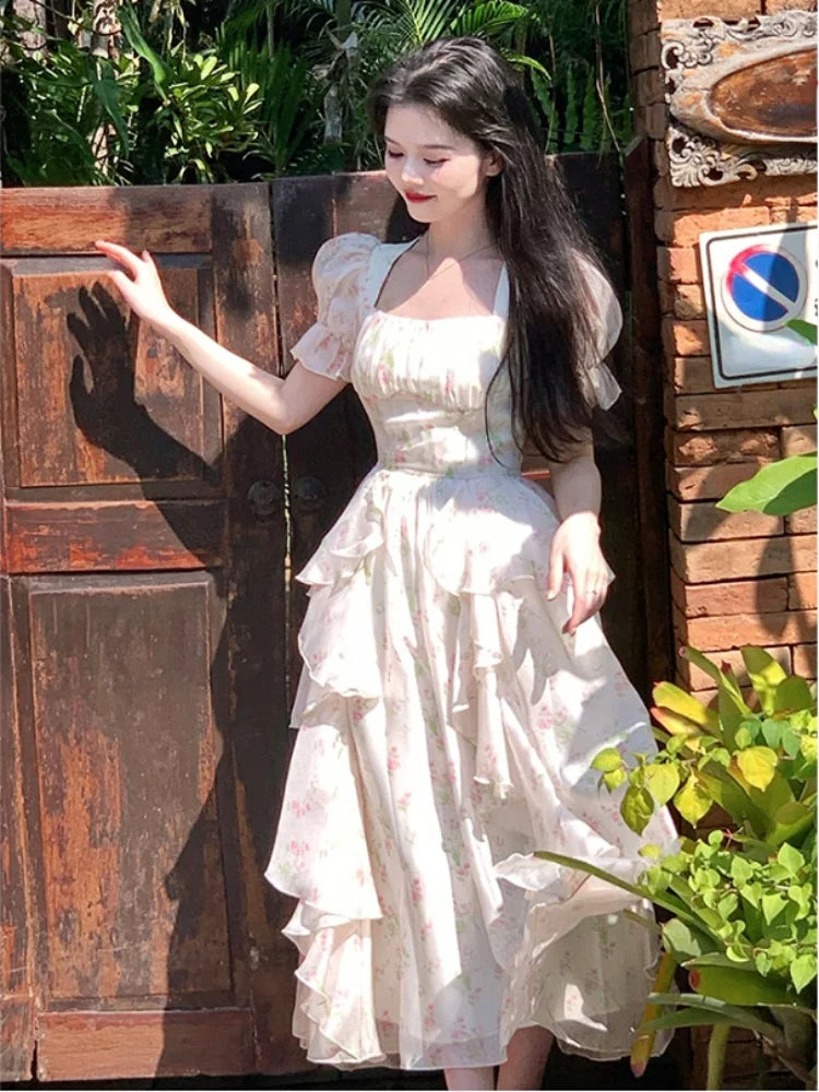 jinran Casual Floral Midi Dresses Women Elegant Short Sleeve Vintage Party Dress Summer One Piece Dress Korean Female Ruffles Chic 2024