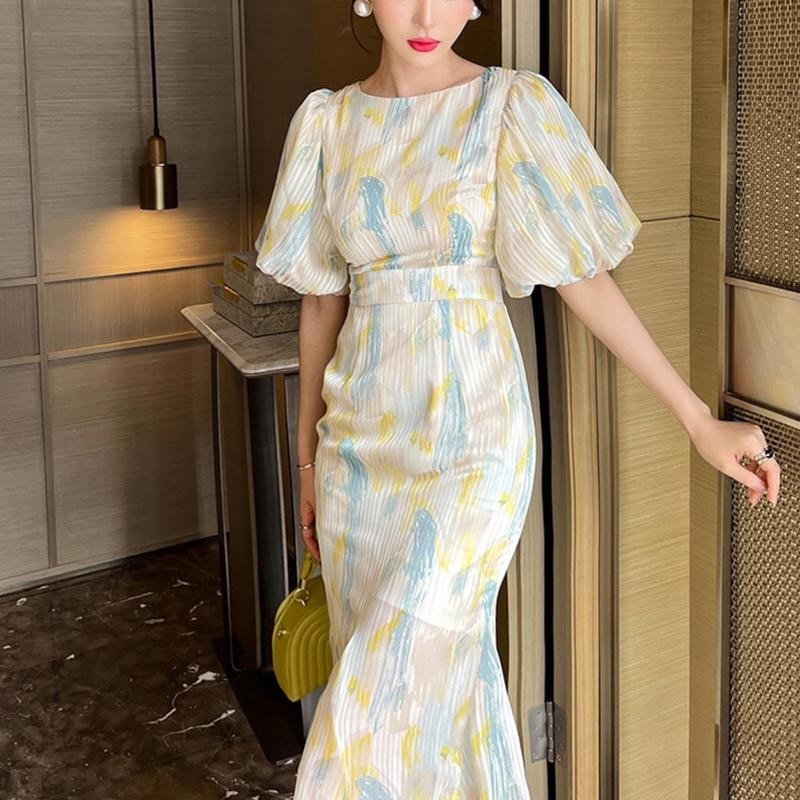 jinran Summer Women Vintage Dress Round Neck Puff Sleeve Printed Sexy Long Mermaid High Waist Midi Dress Elegant Retro French Dress