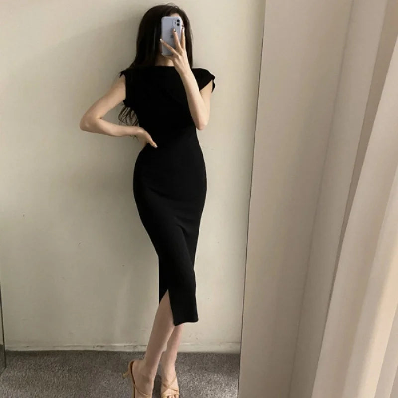 jinran Summer New Short Sleeve Women Folds Casual Charm Slim Fit High Waist Split Long Christmas Dress Sexy Wrap Hip Gentle Solid W9YK