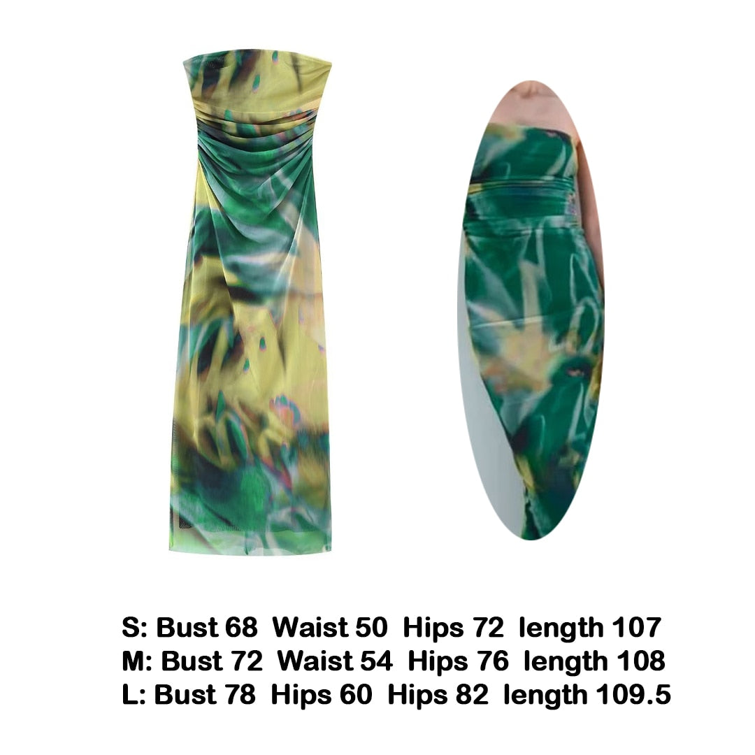 jinran Sexy Strapless Women Summer Dress 2023 Y2K Fashion Printed Slim Maxi Beach Dress Elegant Mesh Sleeveless Vacation Party Outfis