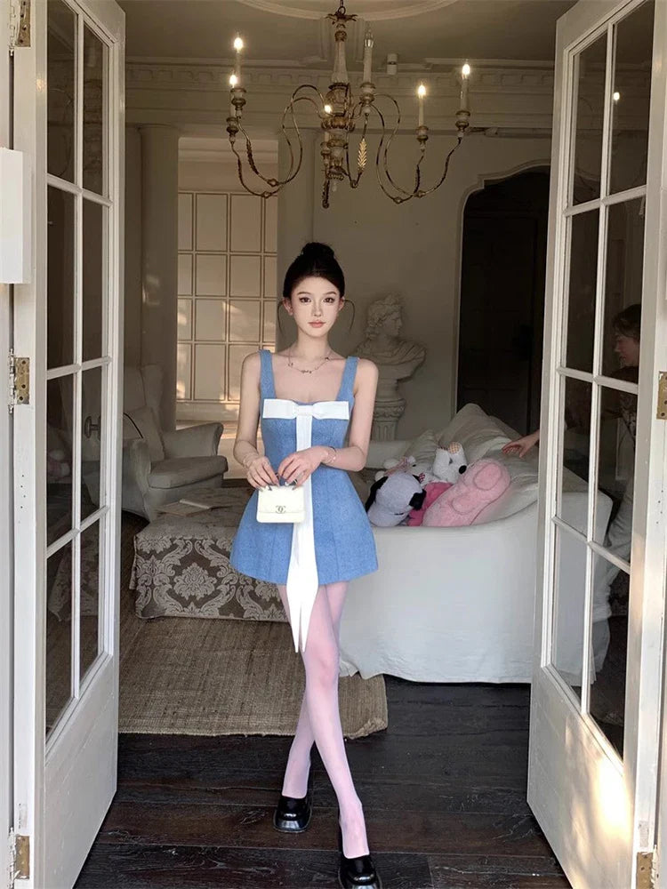 jinran Color Black Bowtie Mini Denim Dress for Women Summer Sleeveless A-line Square Neck One-piece Tank Dress Korean Clothes