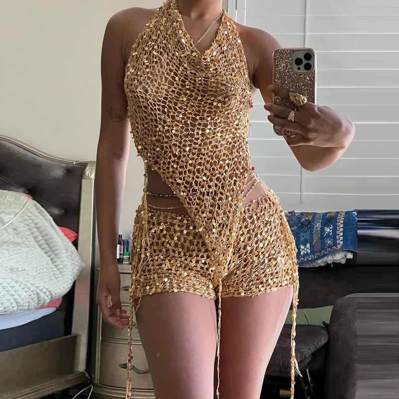 jinran Gold Sequin 2 Piece Knit Set Women Hooded Top and Shorts Trashy Y2k Streetwear Sexy Summer Rave Outfits Sets Two Piece Set