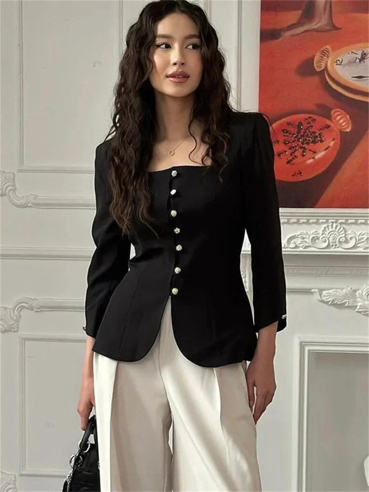 nvxiot - Autumn Square Collar Outwear Female Elegant Commute Cropped Long Sleeve Streetwear Patchwork Cardigan Solid Coat Ladies