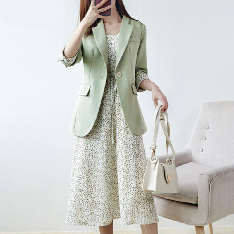 jinran Women's Graceful Spring Summer Work Clothing 2022 Office Lady Thin Suit Coats+Chiffon Print Sling Dress Casual Blazers Female
