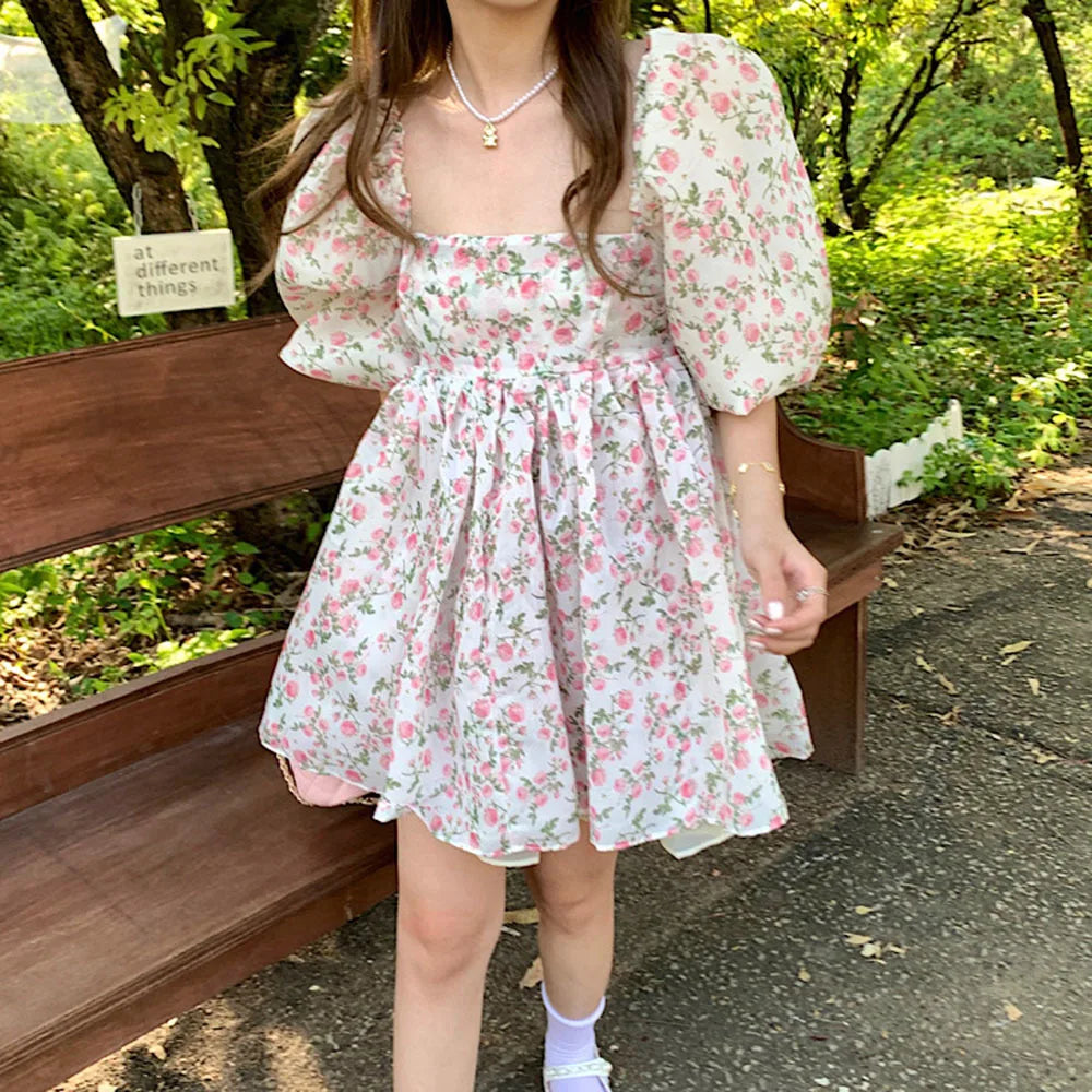 jinran Sexy Square Neck Puff Sleeve Holiday Party Dress Summer Women Both-Sides Wear Floral Print Chiffon Organza Dress Short Vestido