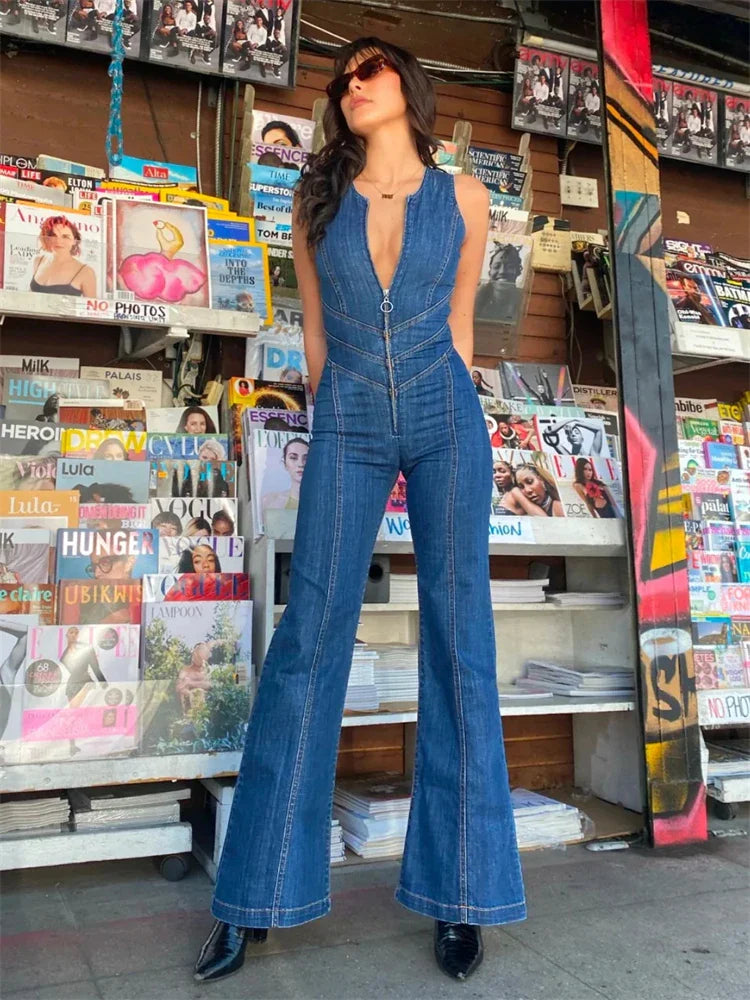 jinran Women's Jumpsuit Bodycon Backless Heart Hollow Out Summer Sexy Sleeveless Slim One-Piece Outfits Retro Denim Jumpsuits 2024